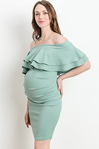 Laclef Womens Mini Off Shoulder Maternity Dress With Double Ruffle (Sage, Medium) #TOP3