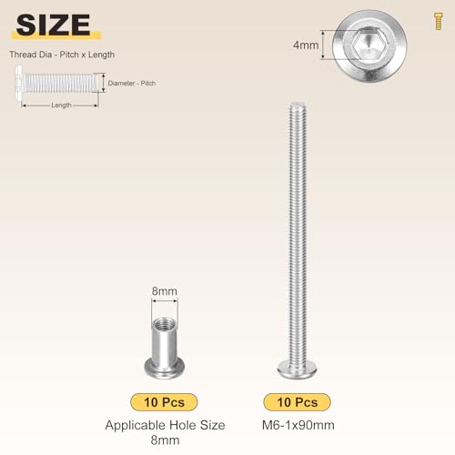 Image of METALLIXITY Crib Screws Replacement Set(M6-1x90mm) 20Pcs, Stainless Steel Connector Bolts M6 Screw Barrel Nuts Binding Screws, for Chair Cabinet Bed, Silver