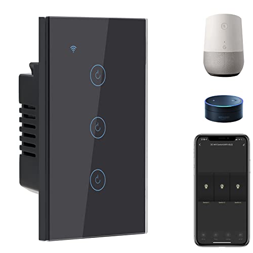 BSEED Smart Light Switch,3 Gang WiFi Touch Switch with Smart Life APP Control and Timing Function,Black Single Pole Switches Work with Amazon Alexa,Google Assistant -(3 Way) Multi-Control Association