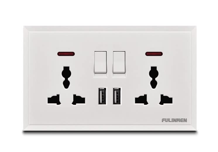 Fulinmen Universal Electrical Flat Plate Double Switched Fast Charging Power Socket with Two USB Charging Ports (White)