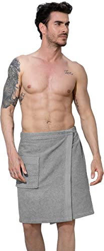 SEYANTE 100% Turkish Cotton Men's Towel Spa Wrap, Bath Towels with Adjustable Closure, Textured, Rice Weave Trim Terry Cloth Body Wrap (Small/Medium, Grey)