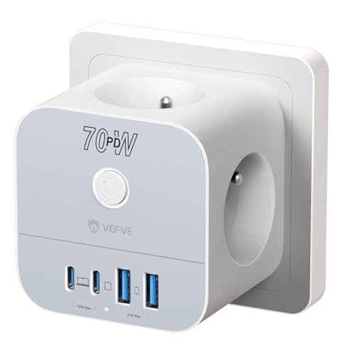VEFVE Regleta Tipo E (Estándar Francés) 70W GAN, Cubo Enchufe Múltiple 7 en 1 Sin Cable con Interruptor, Carga Rápida para iPhone 17, MacBook, Galaxy, Blanco