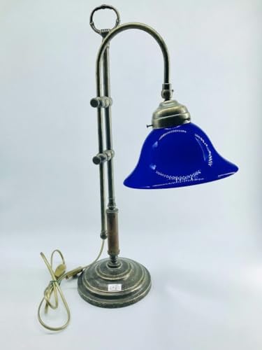 Lampe en laiton et verre bleu ministériel pour ambiance studieuse de bibliothèque