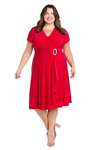 Image of R&M Richards Women's Cascade Wrap Dress with V-Neck & O-Ring Rhinestone Buckle, Work to Weekend Short Sleeve Flowy Silhouette