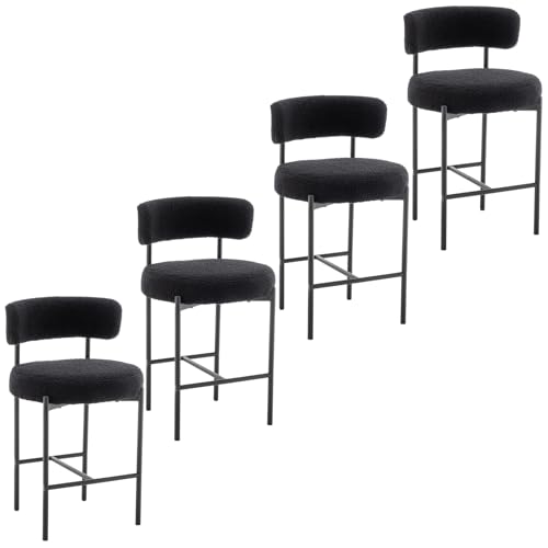 Image of Cinxzar Boucle Bar Stools Set of 4, Black Counter Height Bar Stools with Backs, Modern Barstools for Kitchen Island, Pub, Club