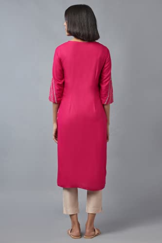 Image of W for Woman Viscose Women Dark Floral Pleated Regular Kurta in Round Neck