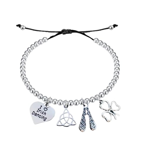Sportybella Silver Stainless Steel Irish Dance Charm Bracelet – Adjustable Chain with I Love Irish Dancing, Trinity Knot, Dance Shoes & Clover Charms – Gift for Irish Dancers & Dance Teachers