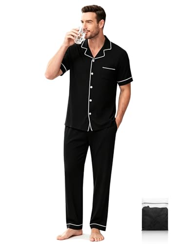 Image of Men's Short Sleeve Pajama Set, Soft Cotton Button Down Sleepwear Top & Long Pants, Loungewear PJs with Pockets S-XXXL