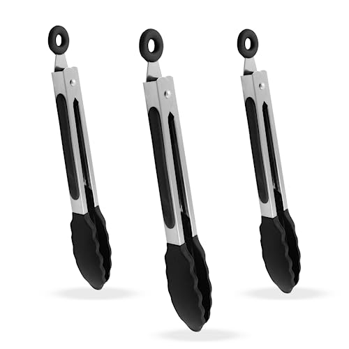 Hitefu キッチントング 3個 7インチ 耐熱フードトング シリコンチップ付き 小さなサービングトング ノンスティック加工 サラダの揚げ物用 (ブラック)