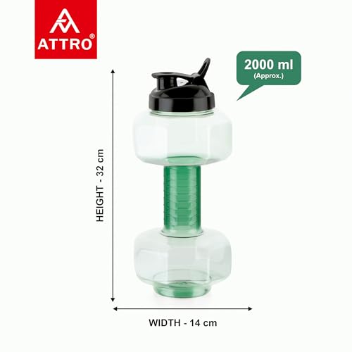 Image of Attro Dumbbell Water Bottle 2 Liter Plastic Bottle with Grip Handle Stylish Bottle for Gym Lover BPA Free, Food Grade, Leakproof- Green
