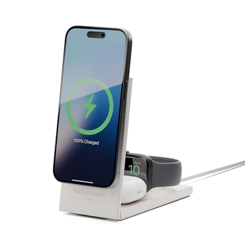 Image of Native Union Rise 3-in-1 Magnetic Wireless Charger - Qi2 Certified & MagSafe - 15W Fast-Charging Foldable Charging Stand for iPhone Air, 17 with Charging for AirPods(Pro) & Apple Watch (Sandstone)