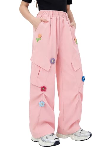 JiAmy Girls Cargo Pants Y2K Wide Leg Floral Embroidery Joggers with Pockets Baggy Hip Hop Dance Trousers Pink 13-14Y