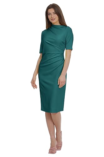Image of Maggy London Women's Maggy London Women's Dresses Side Pleat Dress with Asymmetric Neck and Elbow Sleeves