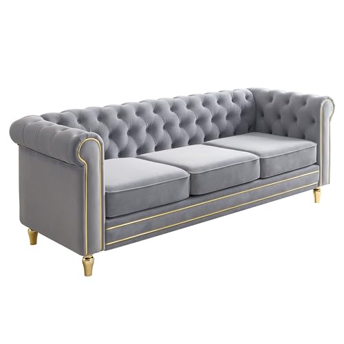 Image of KEIKI 85 inch Chesterfield Velvet Tufted Button Sofa with Deep Seat Cushions and Rolled Arms, Modern 3-Seater Couch Decorated with Gold Strip, Easy Assembly, for Living Room, Bedroom, Office, Light Grey