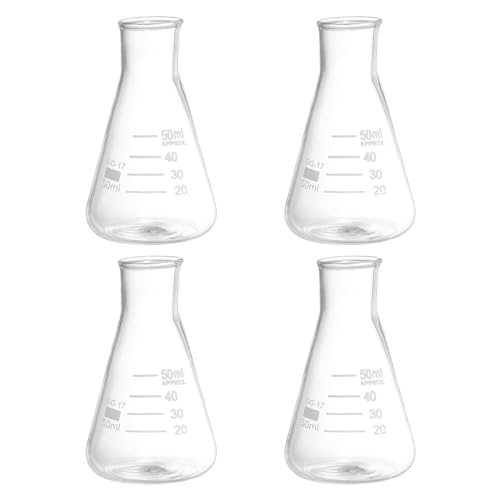 PATIKIL Erlenmeyer Flask, 4 Pcs 50ml Narrow Mouth Graduated Flasks Borosilicate Glass with Printed Graduation for Lab, Experiment, Chemistry, Science Study