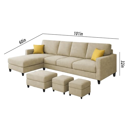 Image of Casaliving Rolando Seater L Shape Sofa Set for Living Room Left Side (Cream, 6 Seater with Ottomon - LHS)
