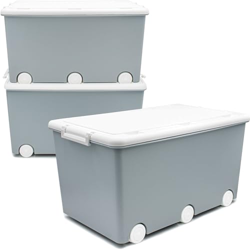 Babykajo 3 Aufbewahrungsboxen mit Deckel und Rollen 50L - Stapelboxen mit...