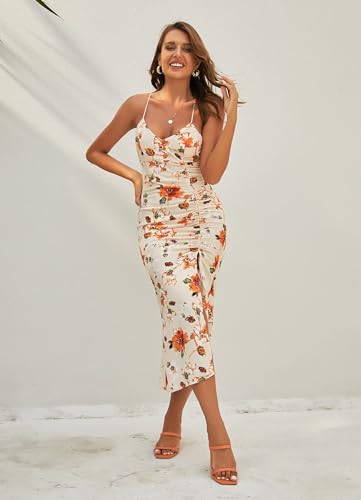 ZAFUL Womens Summer Floral Spaghetti Midi Dresses 2025 Sexy V Neck Sleeveless Drawstring Ruched Split Backless Cocktail Dress2
