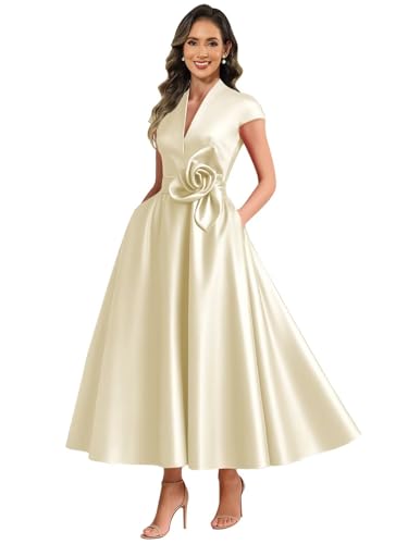 Tea Length Satin Mother of The Bride Dresses for Women V Neck A Line Formal Evening Dresses with Cap Sleeves
