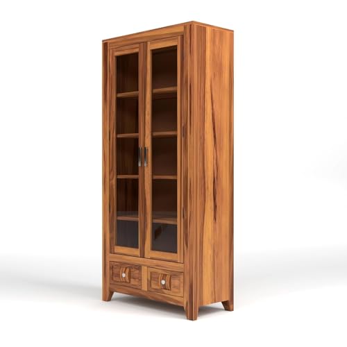 Image of Solid Sheesham Wood Book Cabinet with Acrylic Glass Doors | Rosewood Display Storage Unit with Shelves & Drawers for Home & Office | Louge (A-Honey)