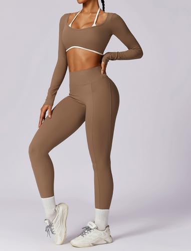 Workout Sets for Women 2 Piece Outfits Seamless High Waist Leggings Yoga Long Sleeve Crop Tops Athletic Gym Sets4