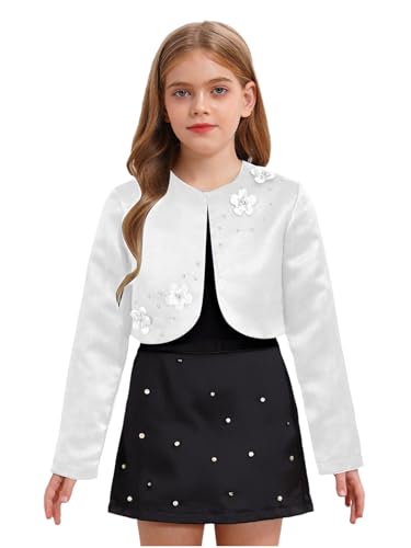 Kids Girls Satin Cropped Bolero Shrug Cardigan 3D Applique Jacket Coat Dress Cover Up3