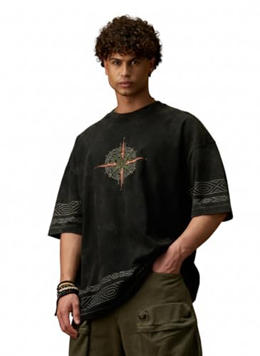 Image of The Souled Store Nomad: Compass Men and Boys Short Sleeves Round Neck Charcoal Grey Embroidered Compass Casual Drop Shoulder Streetwear Trendy Super Oversized T-Shirt