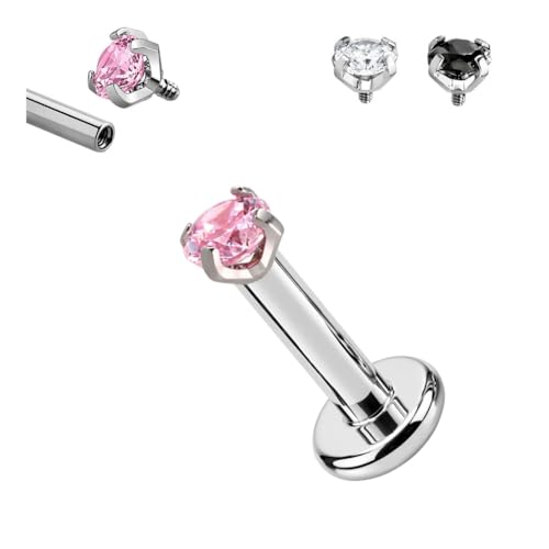Image of Titanium G23 Internally Threaded CZ Earring - High Polish 16G for Ear, Helix, Tragus, Nose & Lip - Hypoallergenic 4 mm Flat Back with Clear, Pink, Black tops in 7mm and 8mm Length - SOLD AS ONE PIECE
