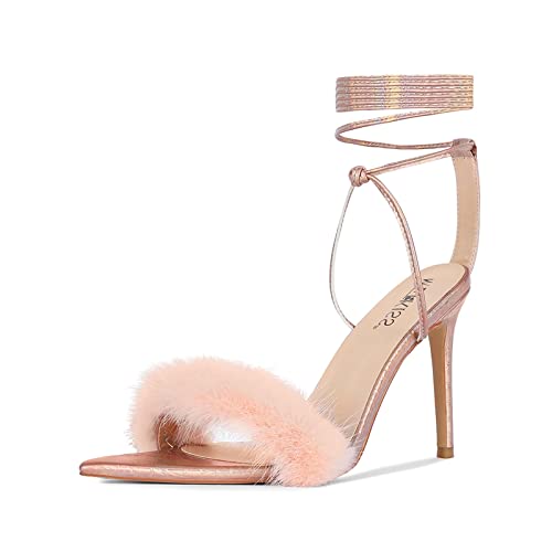 WETKISS Women s Fluffy Heeled Sandals, Strappy Pointed Open Toe Stiletto High Heels Summer cusual Sexy Sandals - rose gold