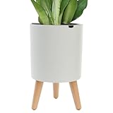 Oliz 7.8 Inch Planter Pot with Solid Wood Legs, Self Watering Planter Pots with Water Shortage Alarm Planter Pot for Indoor Outdoor Modern Flower Planter for Home & Garden(White)