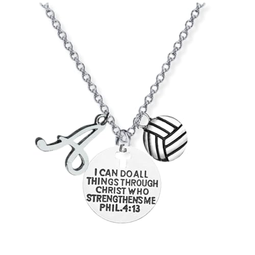 Personalized Volleyball Charm Necklace with Letter Charm, Christian Faith Charm Pendant, I Can Do All Things Through Christ Who Strengthens Me Phil. 4:13 Scripture Jewelry