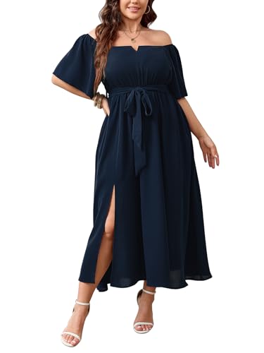 Image of SCOMCHIC Womens Plus Size Formal Dresses Off The Shoulder Wedding Guest Cocktail A-Line Split Maxi Dress with Pockets