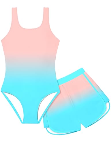 Image of Girls Swimsuit One Piece Swimsuits Color Block Bathing Suit for Girls Adjustable Strap Padded Swimwear with Shorts