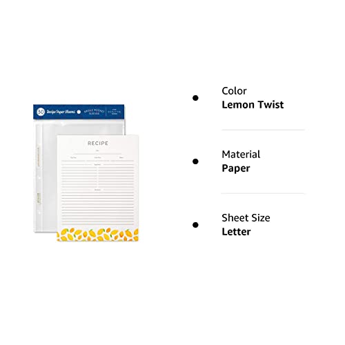 Jot & Mark Recipe Card Paper Full Page 8.5X11 With Crystal Clear Page Protectors For 3 Ring Binder, 30 Count (Lemon Twist) #TOP6