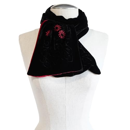 Double - Layer Silk Base Velvet Oblong Scarf, Embroidery, Black and Red4