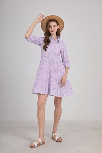 Image of utcoco Womens Striped Button Down Midi Shirt Dress Casual Loose Cuffed Long Sleeve Mid Long Dresses
