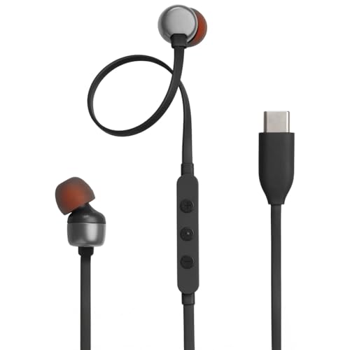 Original Type C Earphones for JBL Tune 310, Hi-Res Certified Audio, Mic + 3-Button Remote, Strong Flat Cable, USB-C Plug (Black)
