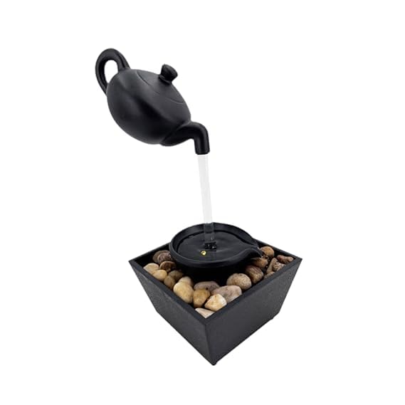 Image of Indoor Tabletop Water Fountain with LED Light & Natural Pebbles - Flowing Pot Design, Decorative Mini Waterfall for Home, Office & Meditation