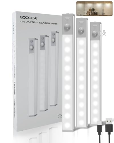 GOODEA Schranklicht mit Bewegungsmelder -18cm Mini Dimmbar LED Schrankbeleuchtung Kabellos, 3 Stück Unterschrank Magnetlampe für Kleiderschrank, Bücherregal, Treppe, Keller, RV (8000K Kaltweiß)