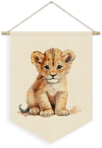 XYDEG Woodland Nursery Decor, Lion Wild Animal Linen Canvas Banner, Lion Safari Nursery Wall Hanging Pennant Flag Banner for Kids Toddler Room Bedroom Playroom Classroom Decor, 15x11in