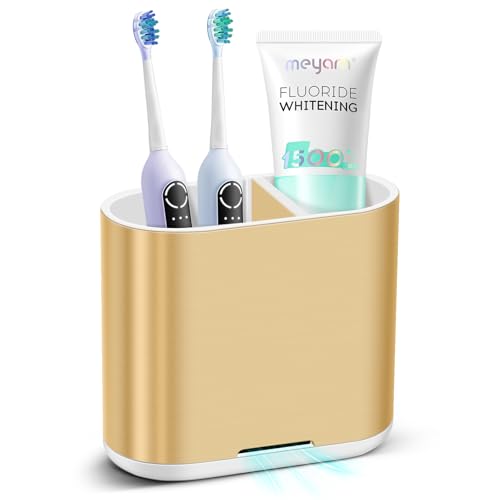 Chintu Toothbrush and Toothpaste Holder with Divider for Bathroom Countertop Organizer Detachable for Easy Clean Kids Electric Toothbrush Holders Storage Caddy for Family (Gold)