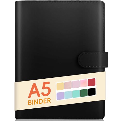 Sooez A5 Binder 6 Ring, Refillable Notebook Planner Cover, Small Leather Organizer Empty Binder for...