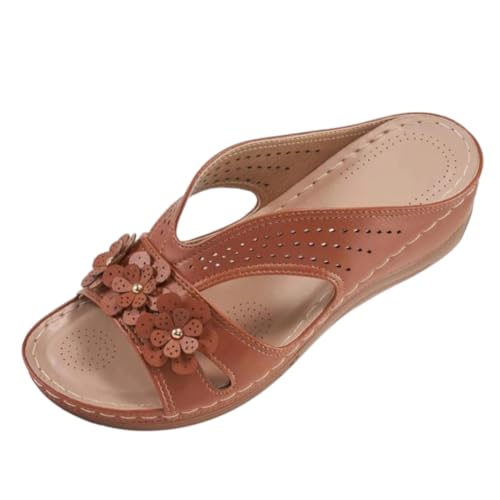 Orthopedic Wedge Slip On Sandals for Women Casual dressy Floral Walking Sandal, Summer Beach Lightweight Comfortable (Brown,26.0