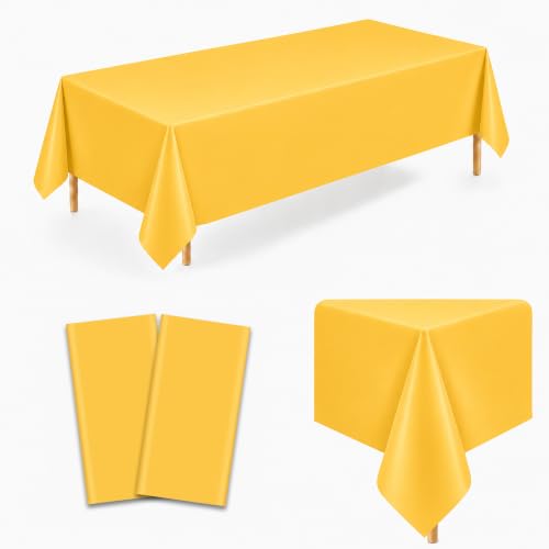 Image of 2 Pack Dark Yellow Plastic Tablecloths, 54 x 108 Inch Disposable Covers | Ideal for Birthdays, Baby Showers, Graduations and Fall Parties, Helping Protect Tabletops from Spills and Simplify Cleanup