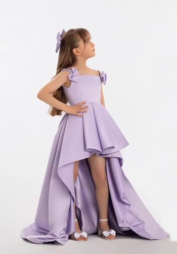 Satin Pageant Dresses for Girls High Low Flower Girl Dress with Bow Sleeveless Junior Bridesmaid Party Formal Gown3