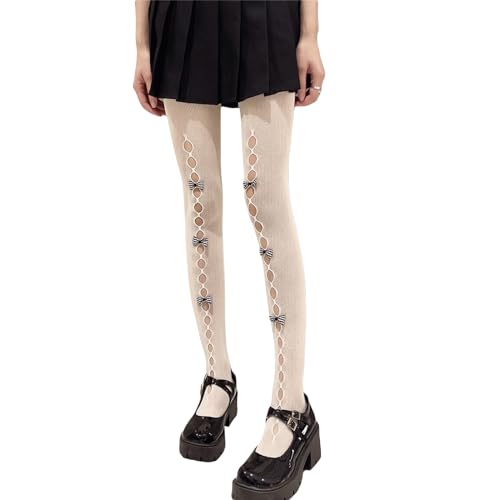 Image of SOLILOQUY Women's Lolita Pattern Tights Kawaii Velvet Bowtie Fishnet Stockings Leggings Mesh Pantyhose Hollow Out lace Socks
