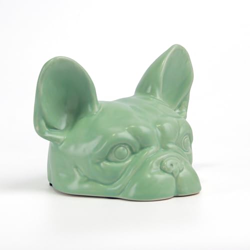 Estatua cabeza de perro verde de cerámica hecha a mano