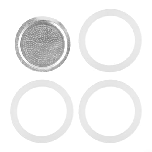 ComfyHarbor Juego de juntas de silicona y filtro de aluminio de repuesto para cafetera espresso Moka, incluye 3 sellos de silicona blanca y 1 filtro de metal suave compatible con (6 tazas)