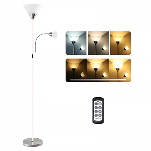 tomons LED Stehlampe Wohnzimmer, Stehlampe Dimmbar mit Leselampe und Fernbedienung, Stehleuchte 3 Farb, Helligkeit Stufenlos, Touch-Steuerung, Deckenfluter mit Zwei Lampenk&ouml;pfen