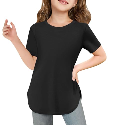 Girls Basic Short Sleeve Shirts Crewneck Solid Color Curve Hem Soft Tunic Tops T-Shirts Casual Lightweight Tee Tops